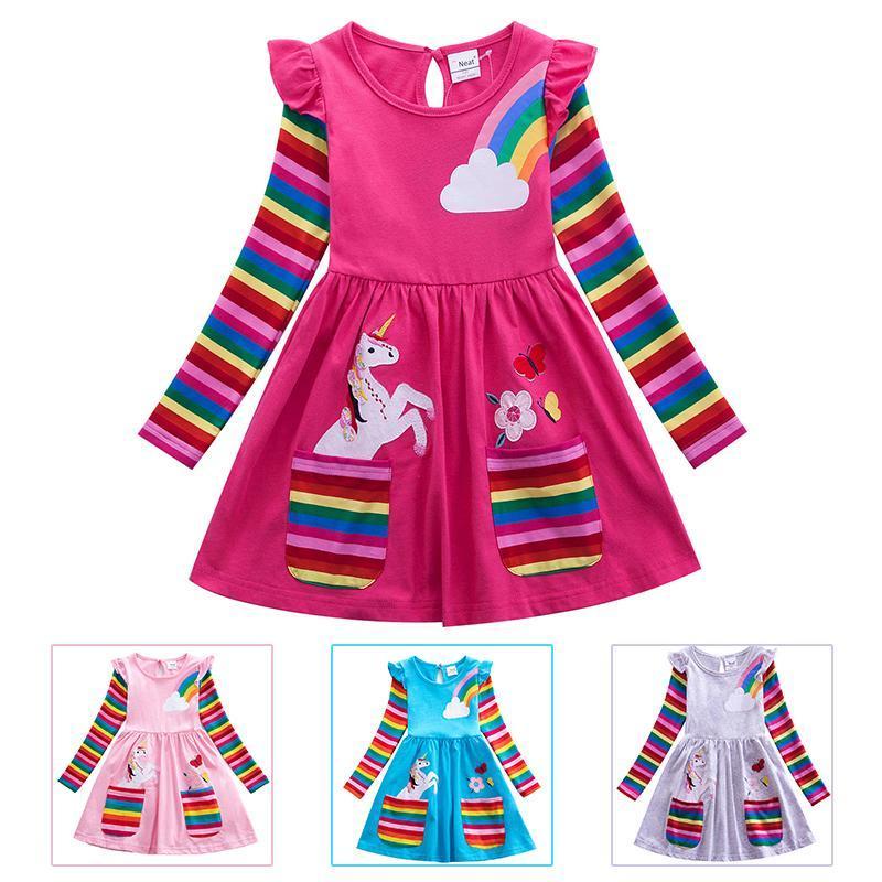 Mädchen Einhorn-Regenbogen-Streifen Kleid