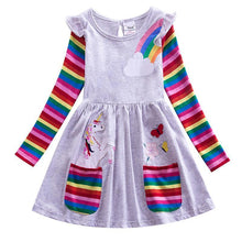 Laden Sie das Bild in den Galerie-Viewer, Mädchen Einhorn-Regenbogen-Streifen Kleid