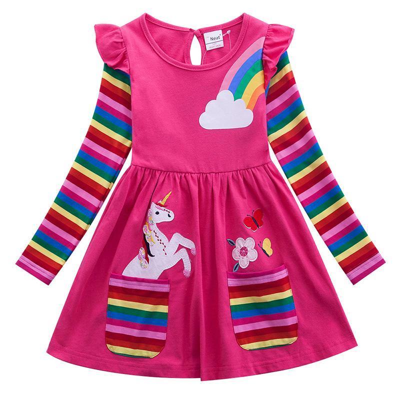 Mädchen Einhorn-Regenbogen-Streifen Kleid